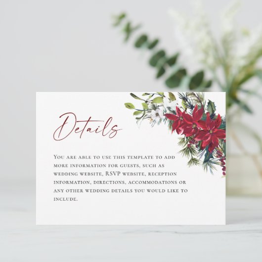 Elegante rode poinsettia kerstbruiloft details informatiekaartje (Staand voorkant)