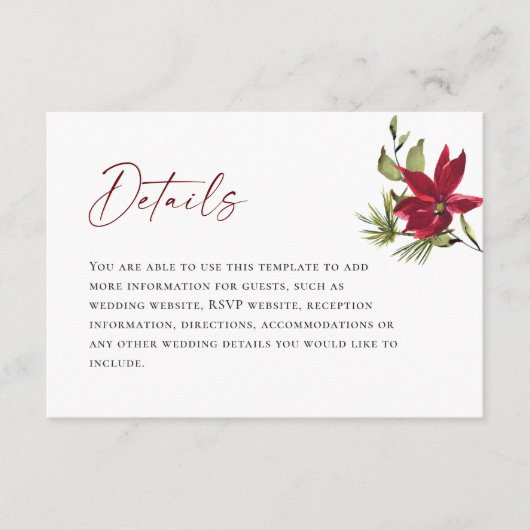 Elegante rode poinsettia kerstbruiloft details informatiekaartje (Voorkant)