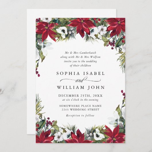 Elegante rode poinsettia Kerstbruiloft Kaart (Voorkant / Achterkant)