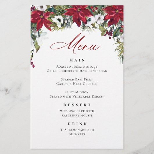 Elegante rode poinsettia kerstbruiloft menu (Voorkant)