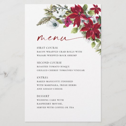 Elegante rode poinsettia kerstbruiloft menu (Voorkant)