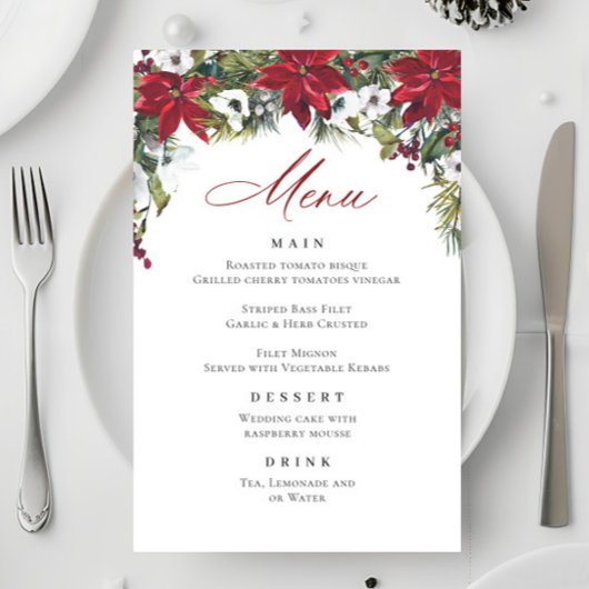 Elegante rode poinsettia kerstbruiloft menu