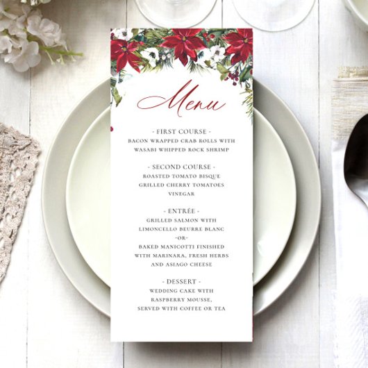 Elegante rode poinsettia Kerstbruiloft Menu
