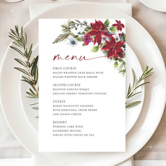 Elegante rode poinsettia kerstbruiloft menu