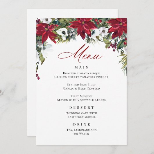 Elegante rode poinsettia kerstbruiloft menu kaart (Voorkant / Achterkant)