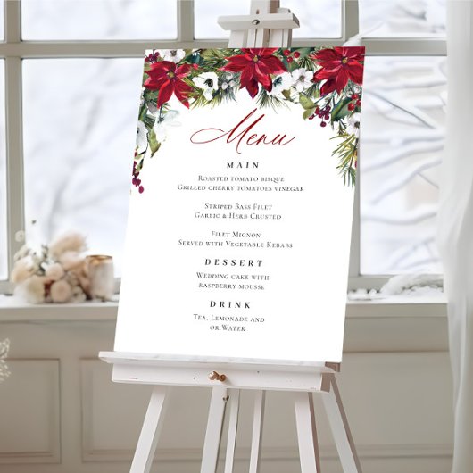 Elegante rode poinsettia kerstbruiloft menu poster