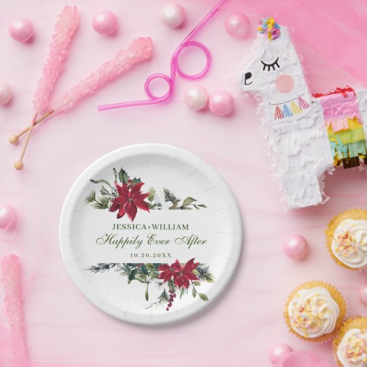 Elegante rode poinsettia Kerstbruiloft Papieren Bordje (Feest)