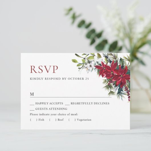 Elegante rode poinsettia Kerstbruiloft RSVP Kaartje (Staand voorkant)