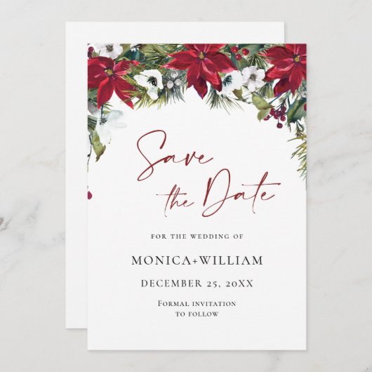 Elegante rode poinsettia Kerstbruiloft Save The Date (Voorkant / Achterkant)