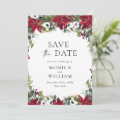 Elegante rode poinsettia Kerstbruiloft Save The Date (Staand voorkant)