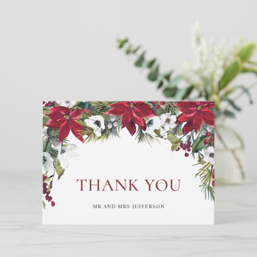 Elegante rode poinsettia kerstbruiloft winter bedankkaart (Staand voorkant)