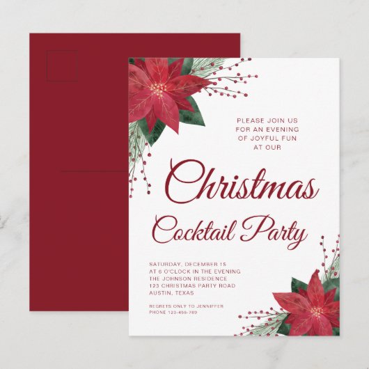 Elegante rode poinsettia kerstcocktail party briefkaart (Voorkant / Achterkant)