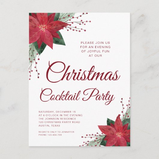 Elegante rode poinsettia kerstcocktail party briefkaart (Voorkant)