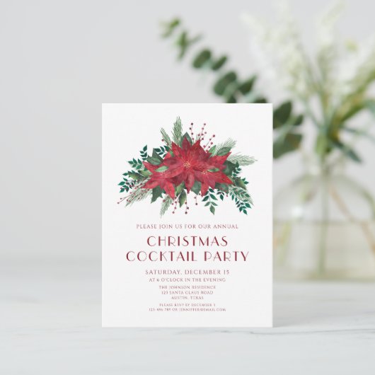 Elegante rode poinsettia kerstcocktail party briefkaart (Staand voorkant)