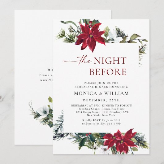 Elegante rode poinsettia kerstrepetitie diner kaart (Voorkant / Achterkant)