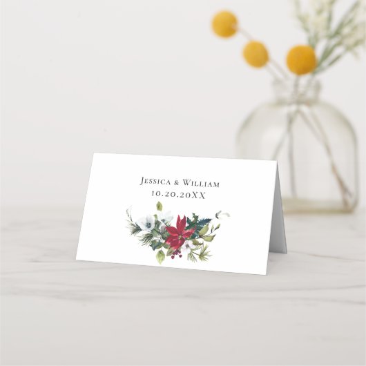 Elegante rode poinsettia kersttafel plaatskaartje (Achterkant)