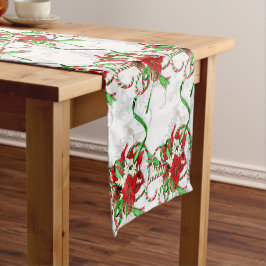 Elegante rode poinsettia snoeprepen en sneeuwvlokk korte tafelloper