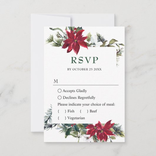 Elegante rode Poinsettia Waterverf Pine Fir Bruilo RSVP Kaartje (Voorkant)