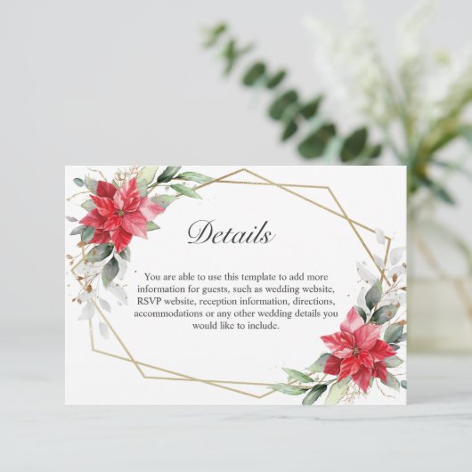 Elegante rode poinsettia Winter groen Details Informatiekaartje (Staand voorkant)