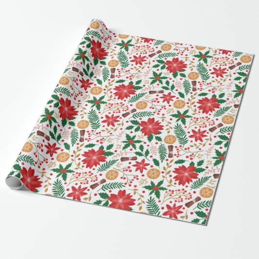 Elegante Rode Poinsettia Winterbes Kerstmis Cadeaupapier (Uitgerold)