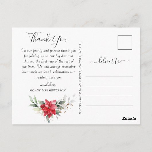 Elegante rode poinsettia wintergroen dank u briefkaart (Achterkant)