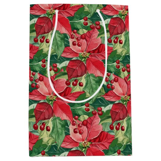 Elegante rode poinsettias kerst medium cadeauzakje (Voorkant)
