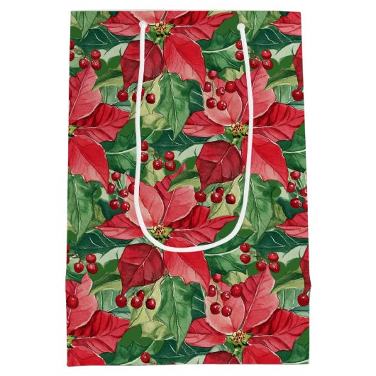 Elegante rode poinsettias kerst medium cadeauzakje (Achterkant)