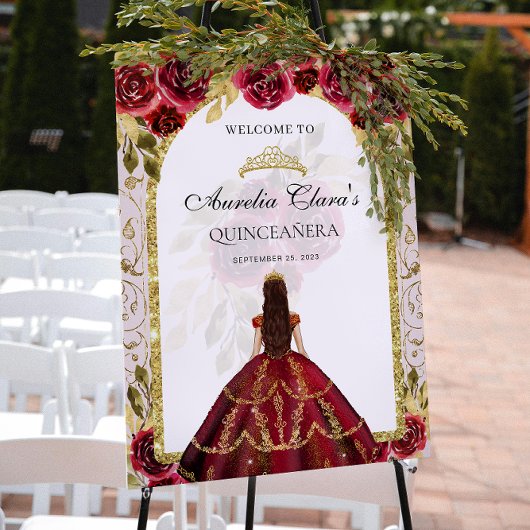 Elegante rode prinses Floral Quinceañera Verjaarda Poster