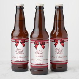 Elegante Rode Robijn & Zilveren Glitter Bruiloft Bier Etiket