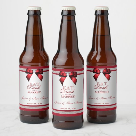 Elegante Rode Robijn & Zilveren Glitter Bruiloft Bier Etiket (Flessen)