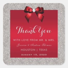 Elegante Rode Robijn, Zilveren Glitter Bruiloft Vierkante Sticker