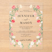 Elegante rode roos bloem krans Boheemse bruiloft Acryl Uitnodigingen (Voorkant)