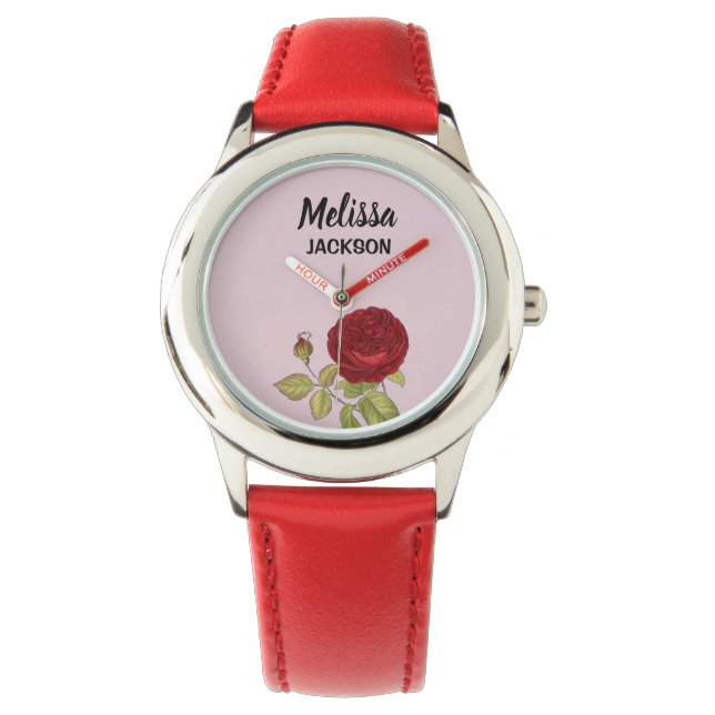 Elegante rode roos bloem roze horloge (Voorkant)