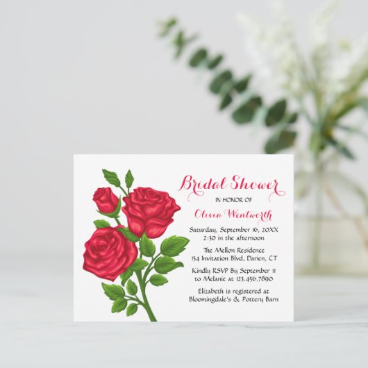 Elegante Rode Roos Bloemen Bruids Douche Uitnodigi Briefkaart (Staand voorkant)