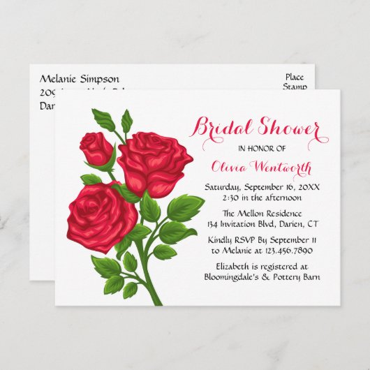 Elegante Rode Roos Bloemen Bruids Douche Uitnodigi Briefkaart (Voorkant / Achterkant)