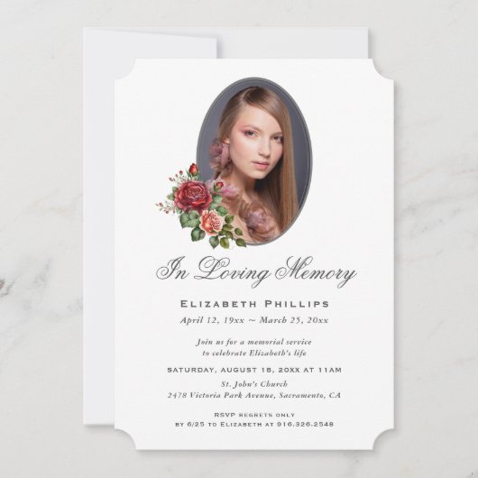 Elegante Rode Roos Bloemen Foto Memorial Kaart (Voorkant)