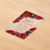 Elegante Rode Roos Bloemen Goud 100ste Verjaardags Acryl Uitnodigingen (Laagn)