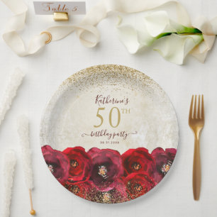 Elegante Rode Roos Bloemen Goud 50ste Verjaardagsf Papieren Bordje