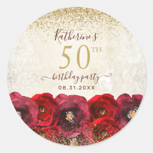 Elegante Rode Roos Bloemen Goud 50ste Verjaardagsf Ronde Sticker