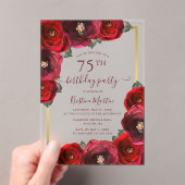 Elegante Rode Roos Bloemen Goud 75ste Verjaardagsf Acryl Uitnodigingen (Insitu (Draagbaar))