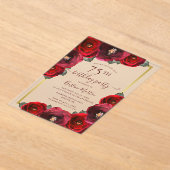 Elegante Rode Roos Bloemen Goud 75ste Verjaardagsf Acryl Uitnodigingen (Laagn)