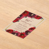 Elegante Rode Roos Bloemen Goud 80ste Verjaardagsf Acryl Uitnodigingen (Laagn)
