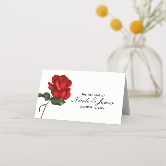 Elegante Rode Roos Bloemen Trouwtafel Nummer Plaatskaartje (Voorkant)