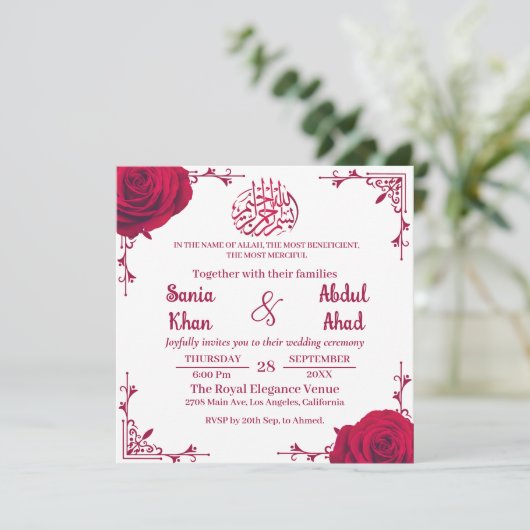 Elegante rode roos bloemenmoslim bruiloft kaart (Staand voorkant)