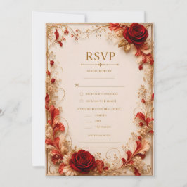 Elegante Rode Roos Bloemige Gouden Trouw RSVP Uitn