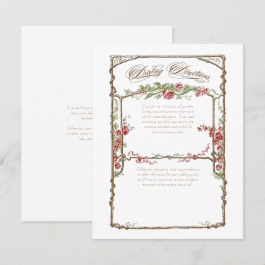 Elegante rode roos bloemige navigatie-instructies kaart (Voorkant / Achterkant)