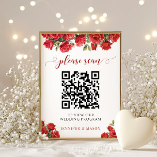Elegante Rode Roos Bloemige Trouwprogramma QR-code Poster