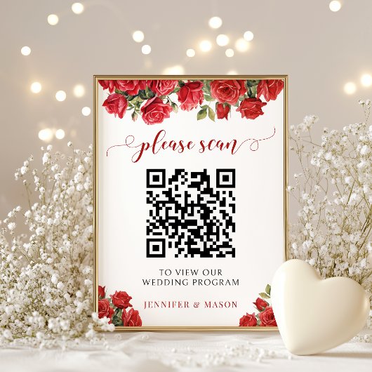 Elegante Rode Roos Bloemige Trouwprogramma QR-code Poster