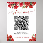 Elegante Rode Roos Bloemige Trouwprogramma QR-code Poster (Voorkant)