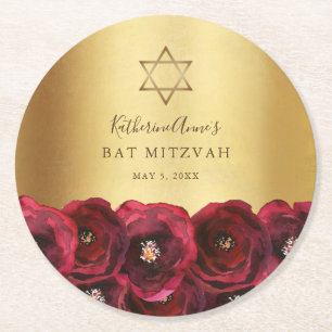 Elegante rode roos bloemrijke gouden Bat Mitzvah Ronde Kartonnen Onderzetter